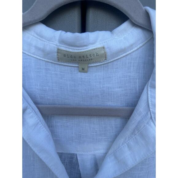 Side Stitch Los Angeles White linen popover blouse pocket Roll Tab Sleeves Sz M - Picture 7 of 12